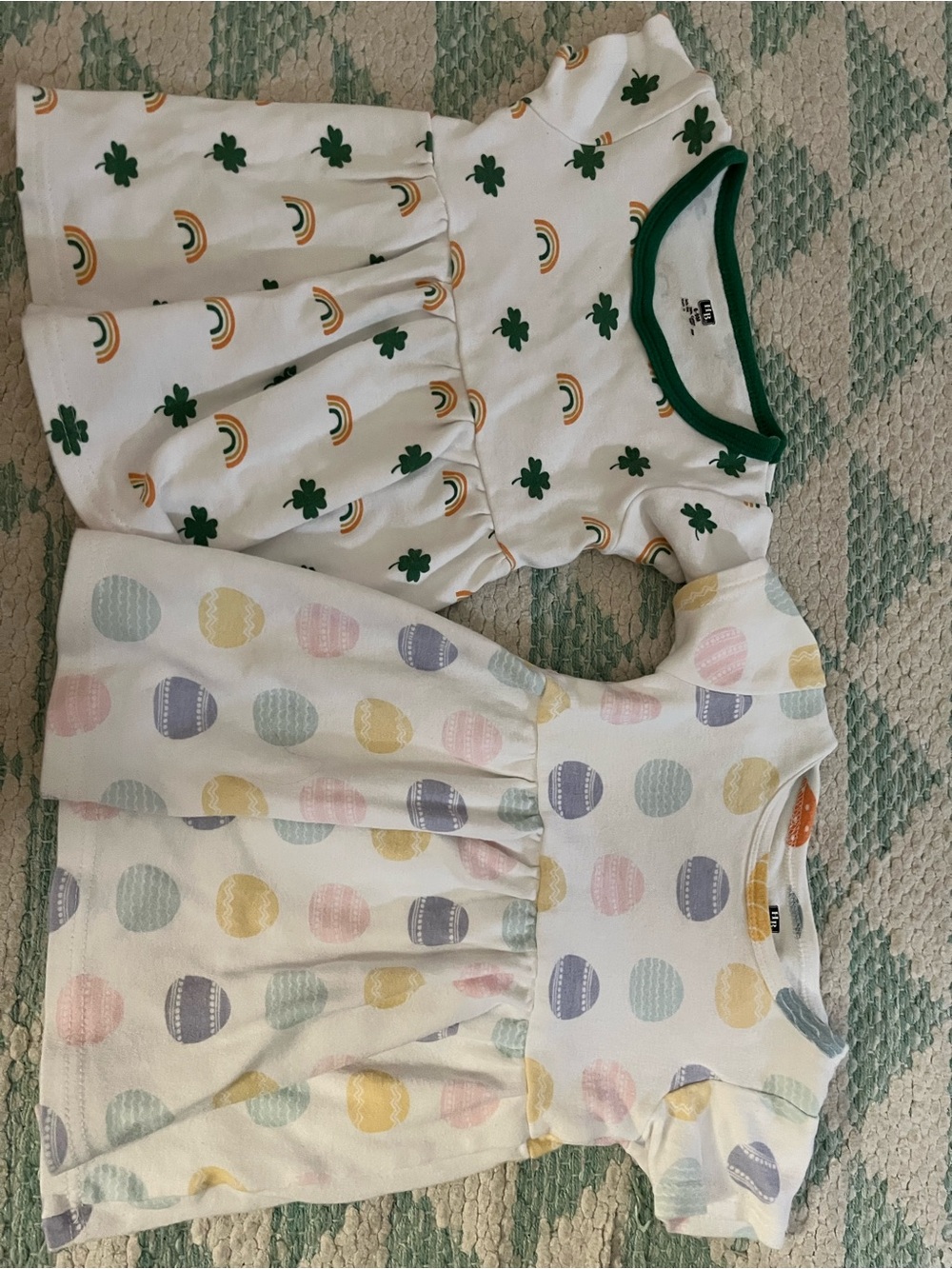Kids' Short Sleeve Play Dress - White with Green Shamrocks & Rainbows